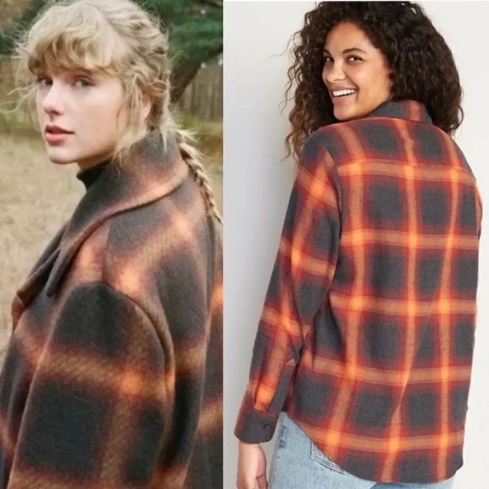 Taylor Swift Evermore Flannel Button Down Shirt Size Small Old Navy Orange Gray